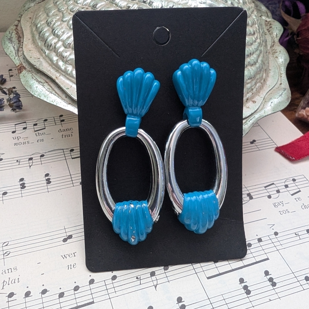 Vintage Blue and Silver Shell Earrings